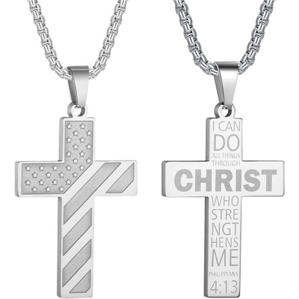 Silver American Flag Christ Cross Necklace Men Stainless Steel Box Chain 22 inch